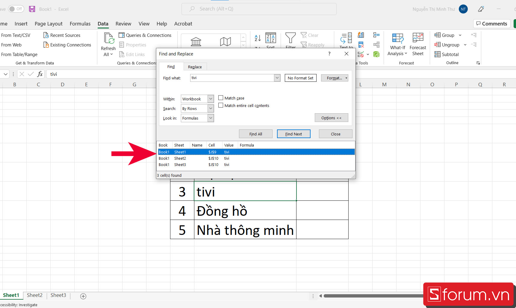 Cách tìm tên trong nhiều sheet trên Excel - bước 3