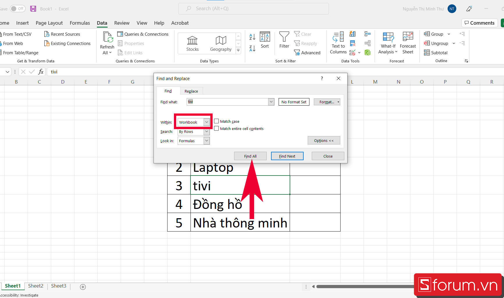 Cách tìm tên trong nhiều sheet trên Excel - bước 2