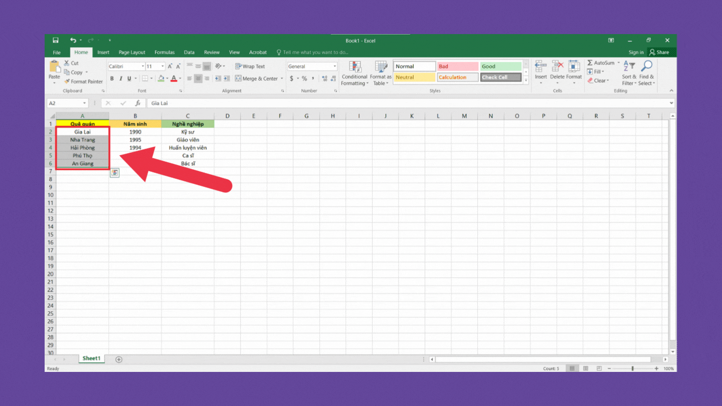 Cách tạo Drop List trong Excel bằng Data Validation - bước 1