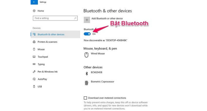 Bật Bluetooth trong Windows Settings