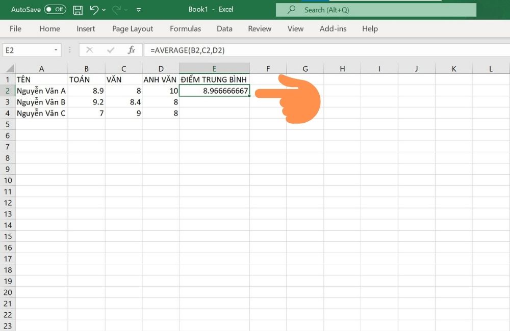 Sử dụng hàm Average để tính điểm trung bình trong Excel - bước 3