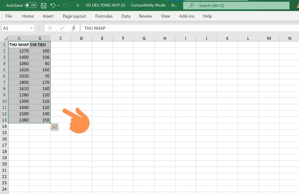 Cách vẽ biểu đồ trong Excel - bước 1