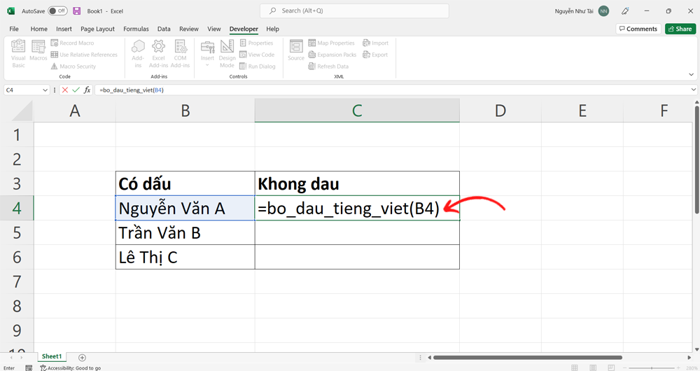 Hàm bỏ dấu trong Excel - Bước 6