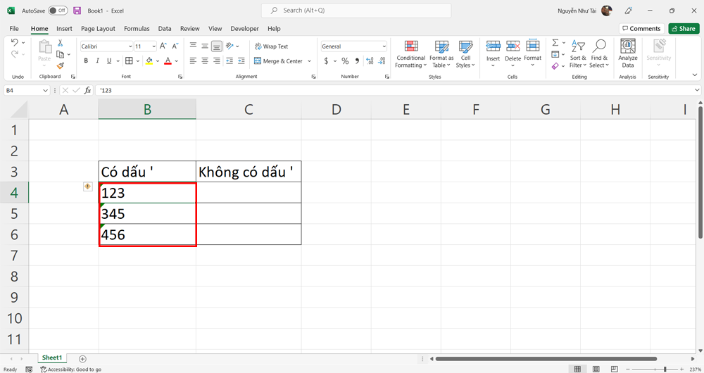 Bỏ dấu ‘ trong Excel - Bước 1