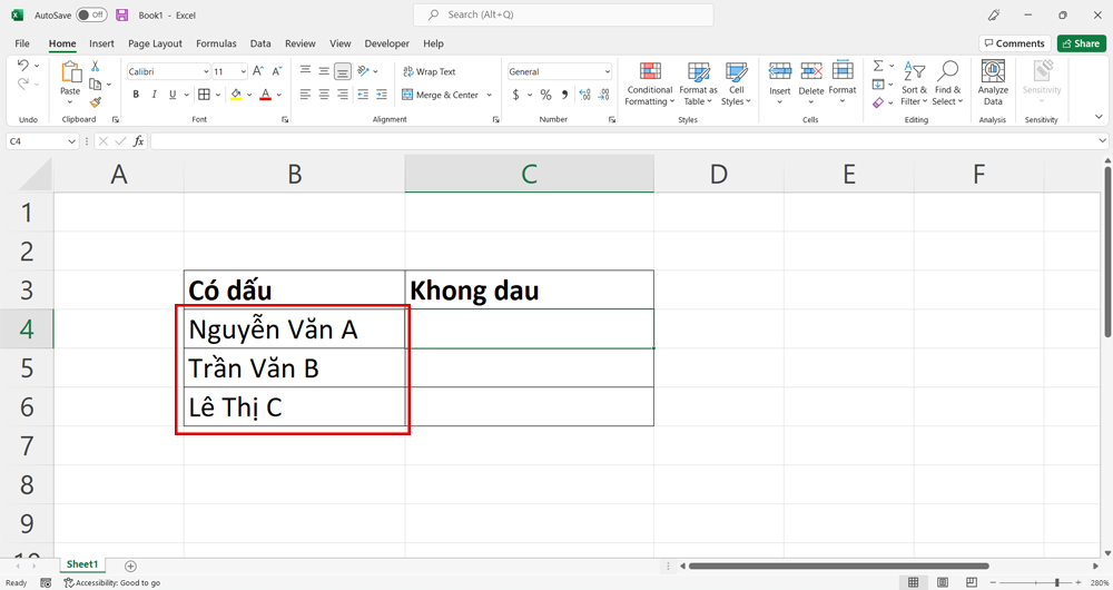 Cách bỏ dấu trong Excel bằng Unikey - Bước 1