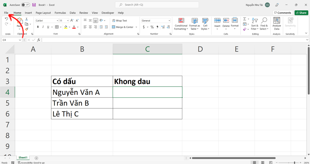 Hàm bỏ dấu trong Excel - Bước 1