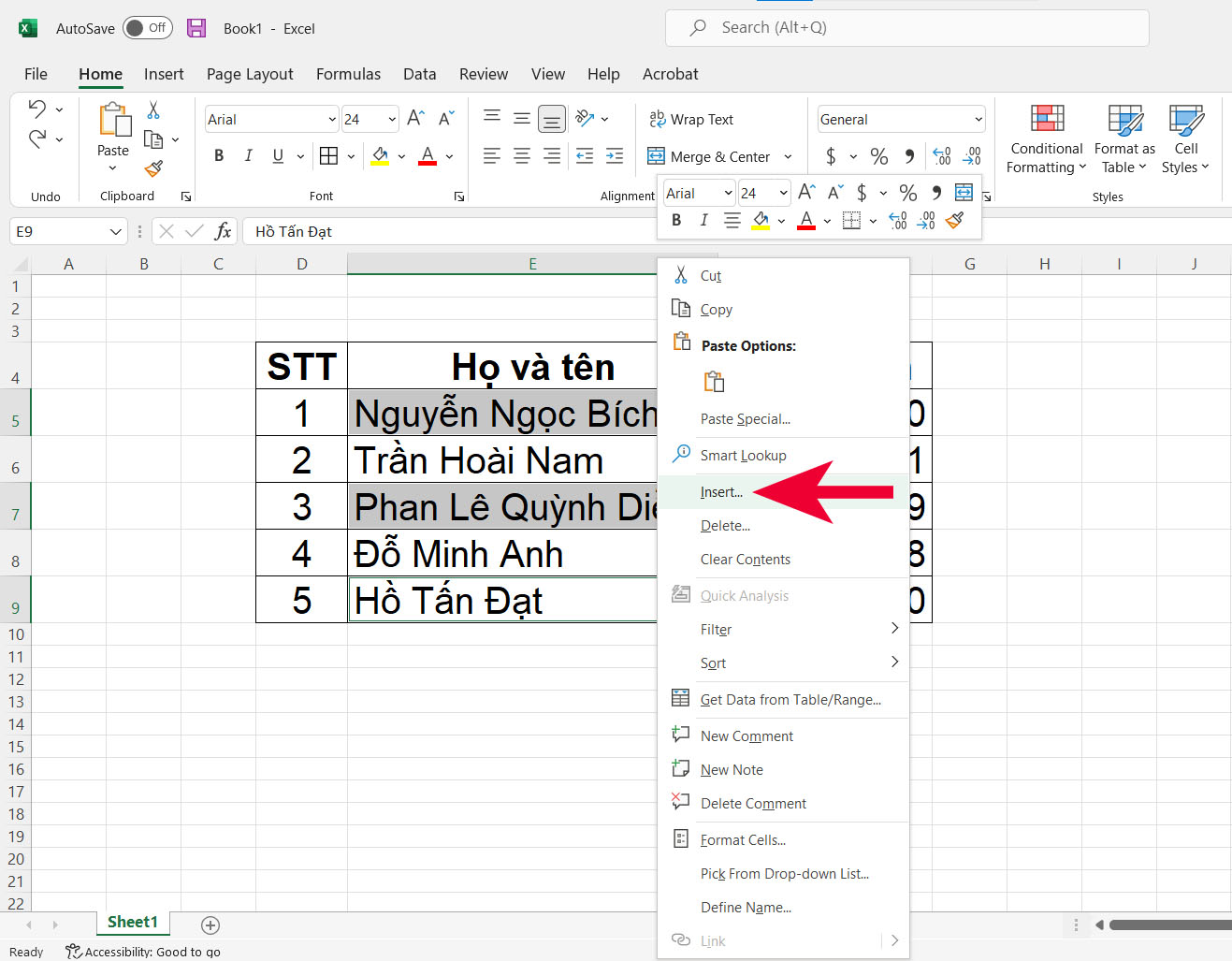 Cách thêm hàng ngang xen kẻ trong Excel - bước 1