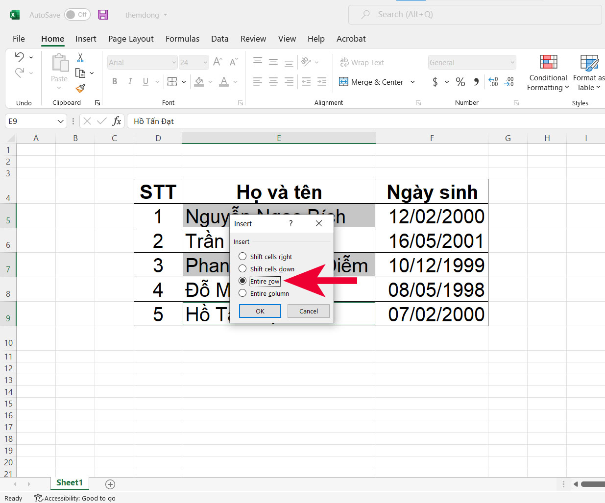 Cách thêm hàng ngang xen kẻ trong Excel - bước 2