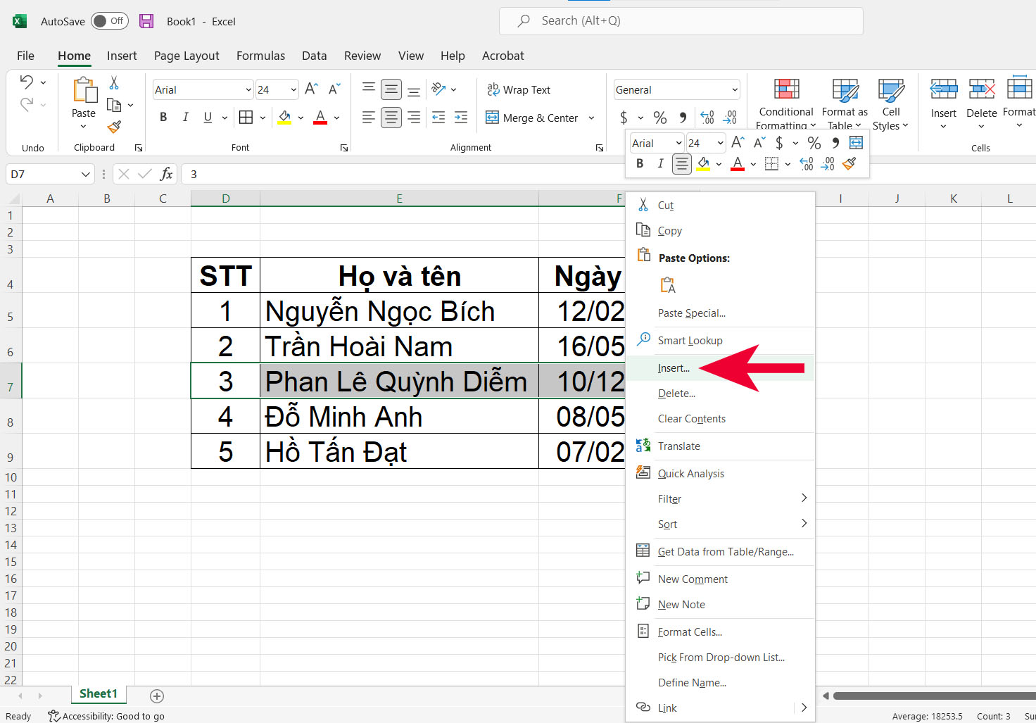 Cách thêm một hàng trong Excel - bước 1
