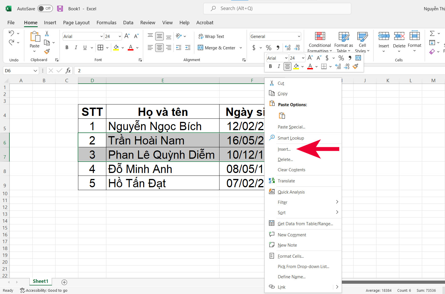 Cách thêm nhiều dòng trong Excel - bước 1
