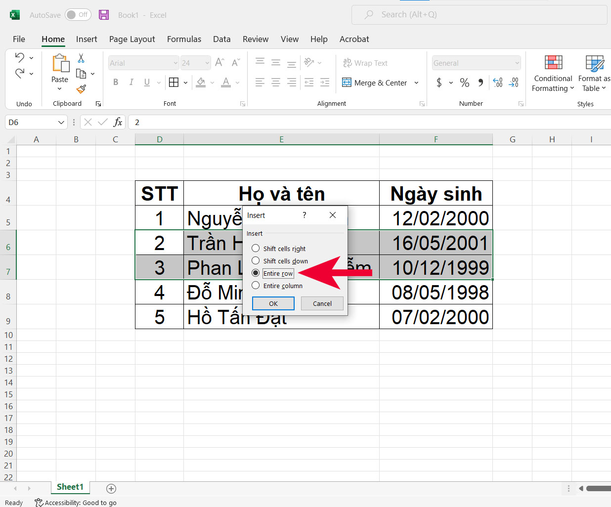 Cách thêm nhiều dòng trong Excel - bước 2