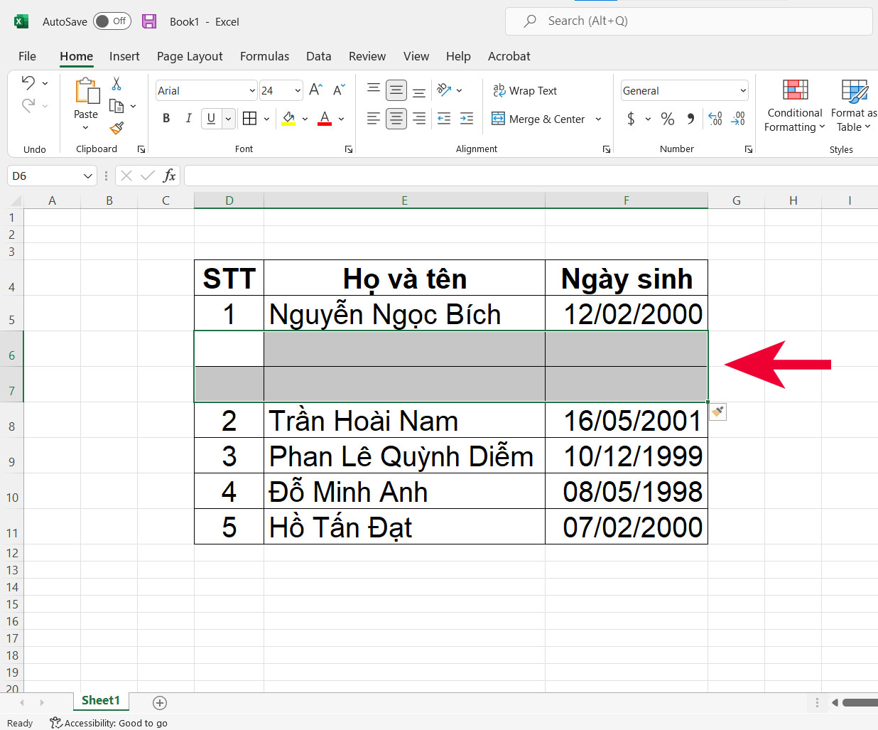 Cách thêm nhiều dòng trong Excel - bước 3
