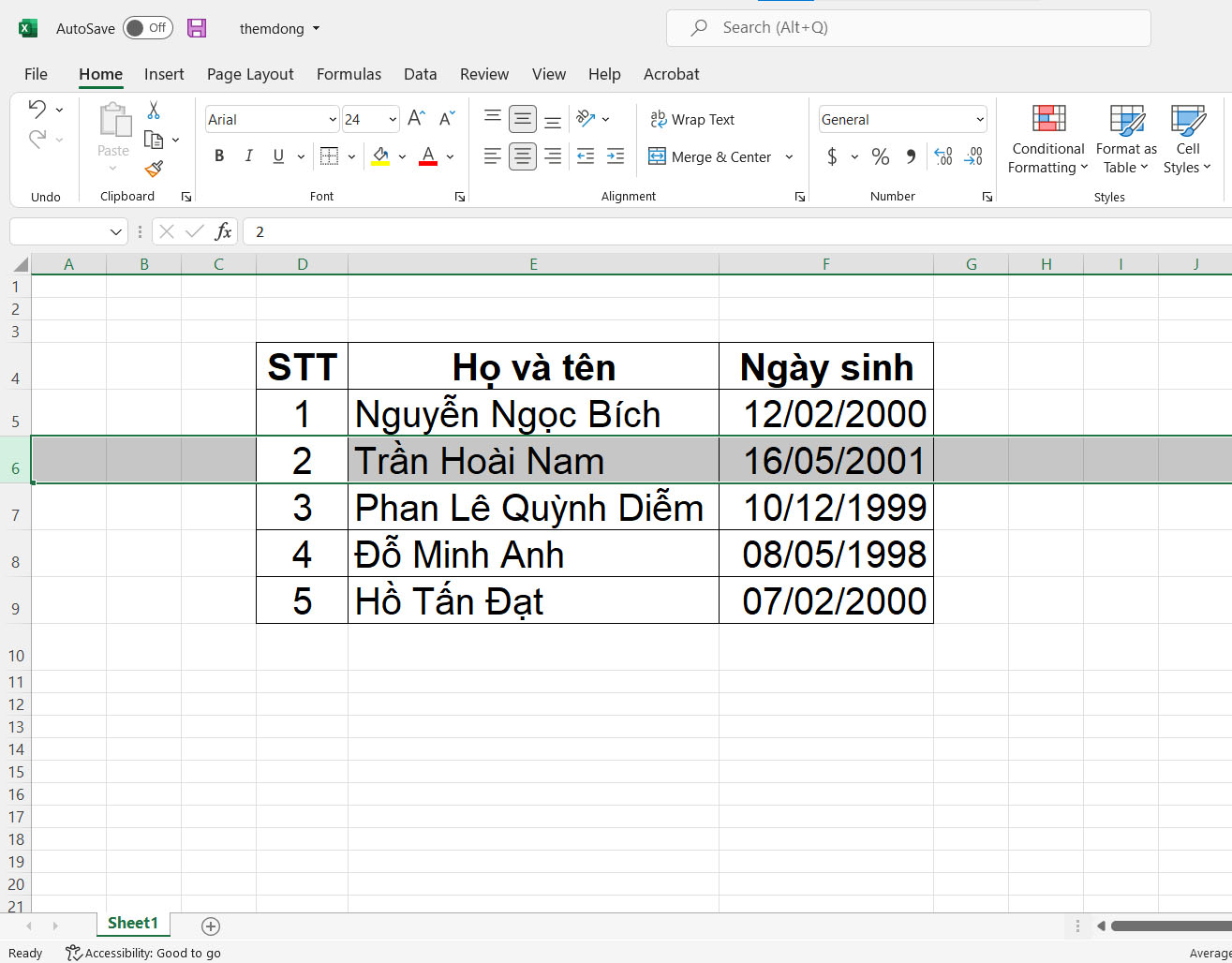 Hướng dẫn cách thêm hàng trong Excel bằng phím tắt - bước 1
