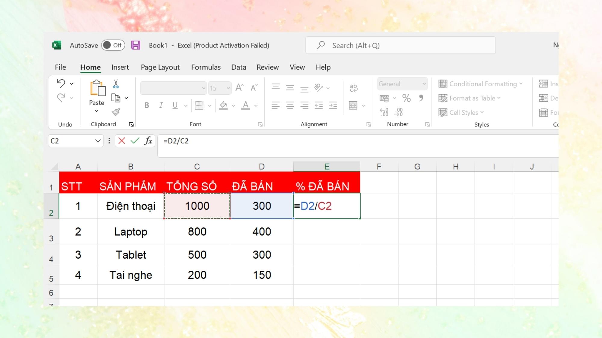 Hướng dẫn công thức tính phần trăm trong Excel - Bước 2
