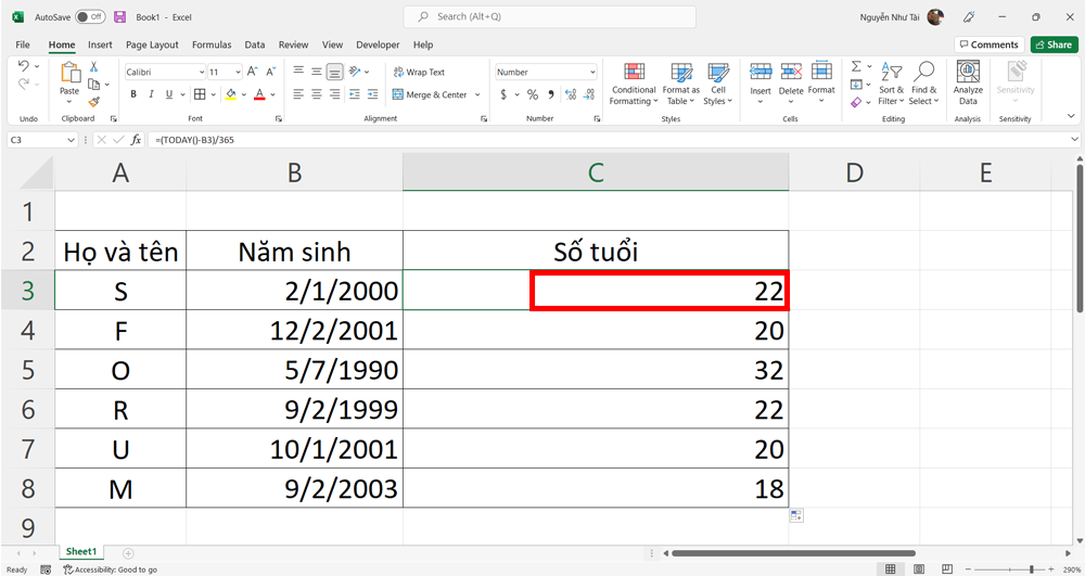 Cách tính tuổi trong Excel bằng hàm Today - Bước 2