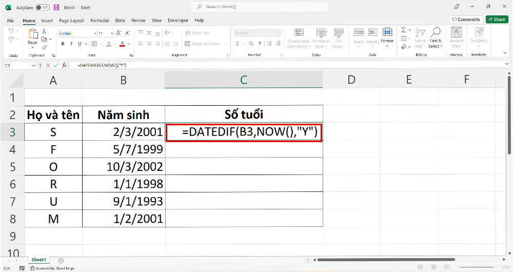 Công thức tính tuổi trong Excel với hàm Datedif - Bước 1