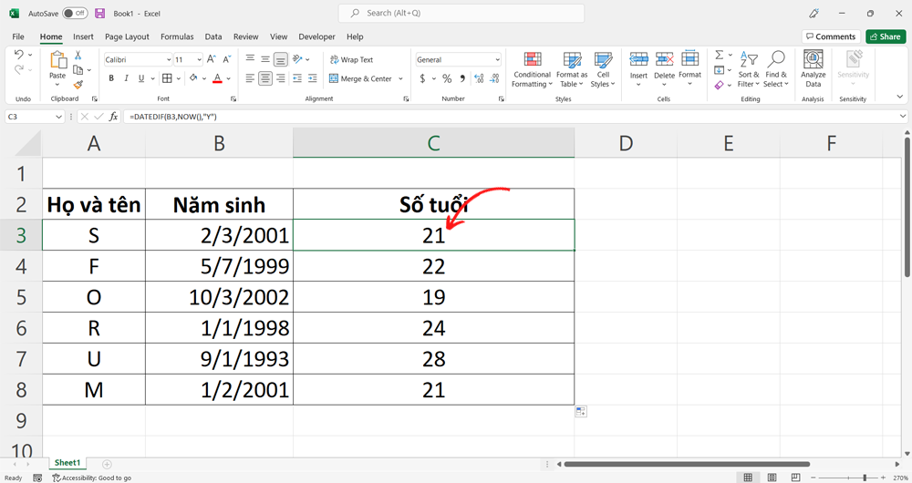 Công thức tính tuổi trong Excel với hàm Datedif - Bước 2