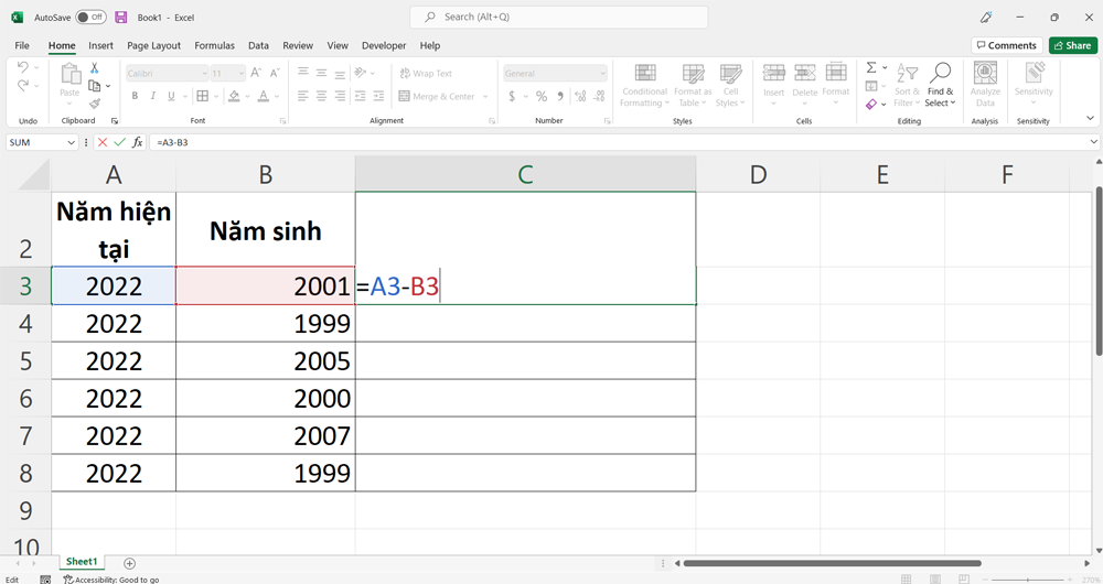 Tính tuổi trong Excel bằng lệnh đơn giản - Ảnh 1