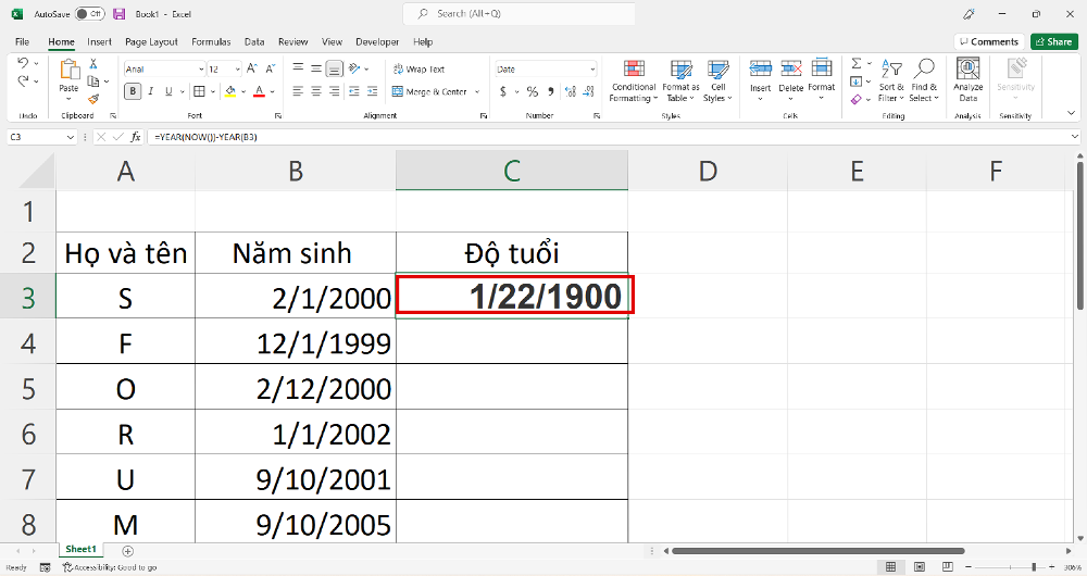 Lệnh tính tuổi trong Excel với hàm Year - Bước 2