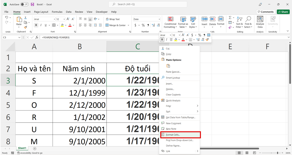 Lệnh tính tuổi trong Excel với hàm Year - Bước 1