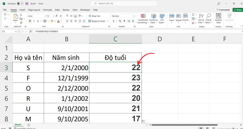 Lệnh tính tuổi trong Excel với hàm Year - Ảnh 1