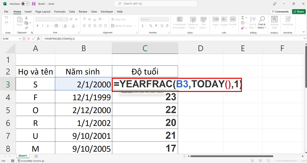 Cách tính tuổi Excel thông qua hàm Yearfrac - Bước 1