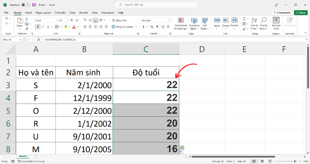 Cách tính tuổi Excel thông qua hàm Yearfrac - Bước 2