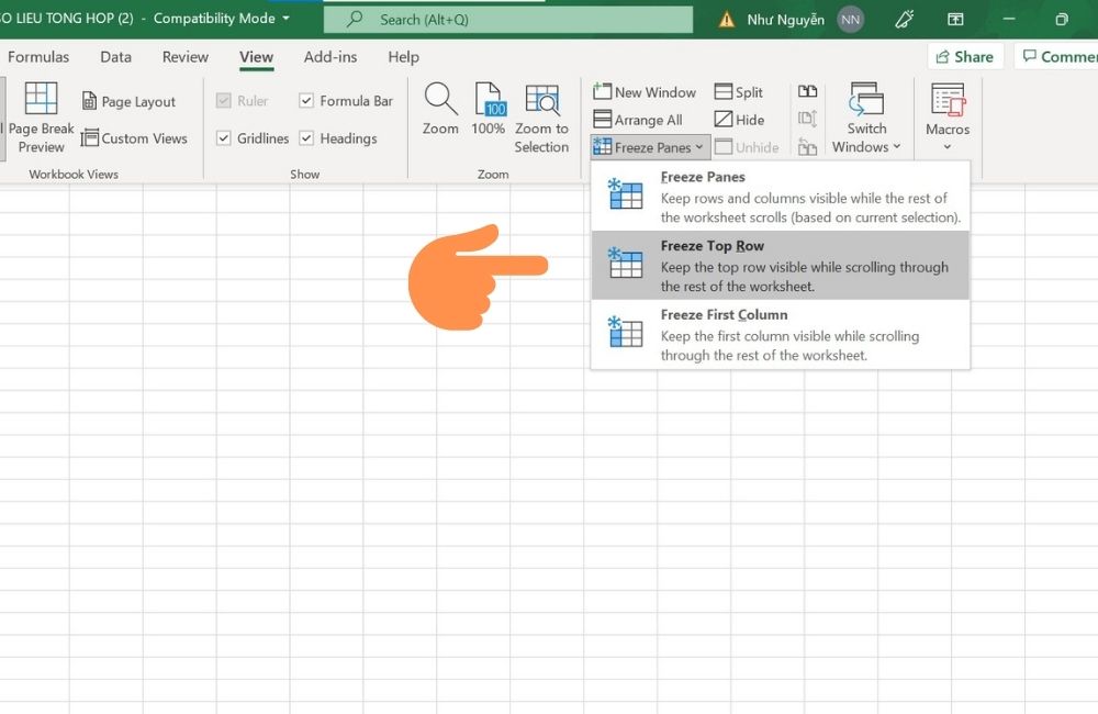 Cách cố định một hàng trong Excel - bước 2
