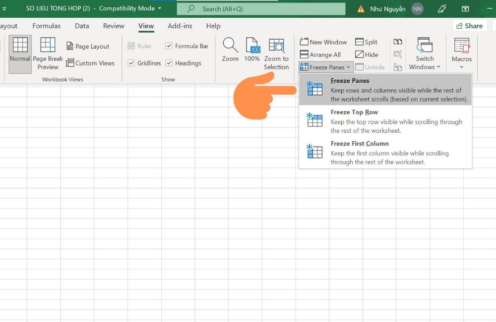 Cách cố định nhiều hàng trong Excel - bước 3