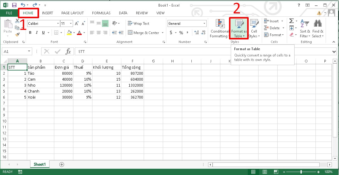 Cách tạo bảng trong Excel bằng tính năng Format as Table bước 1