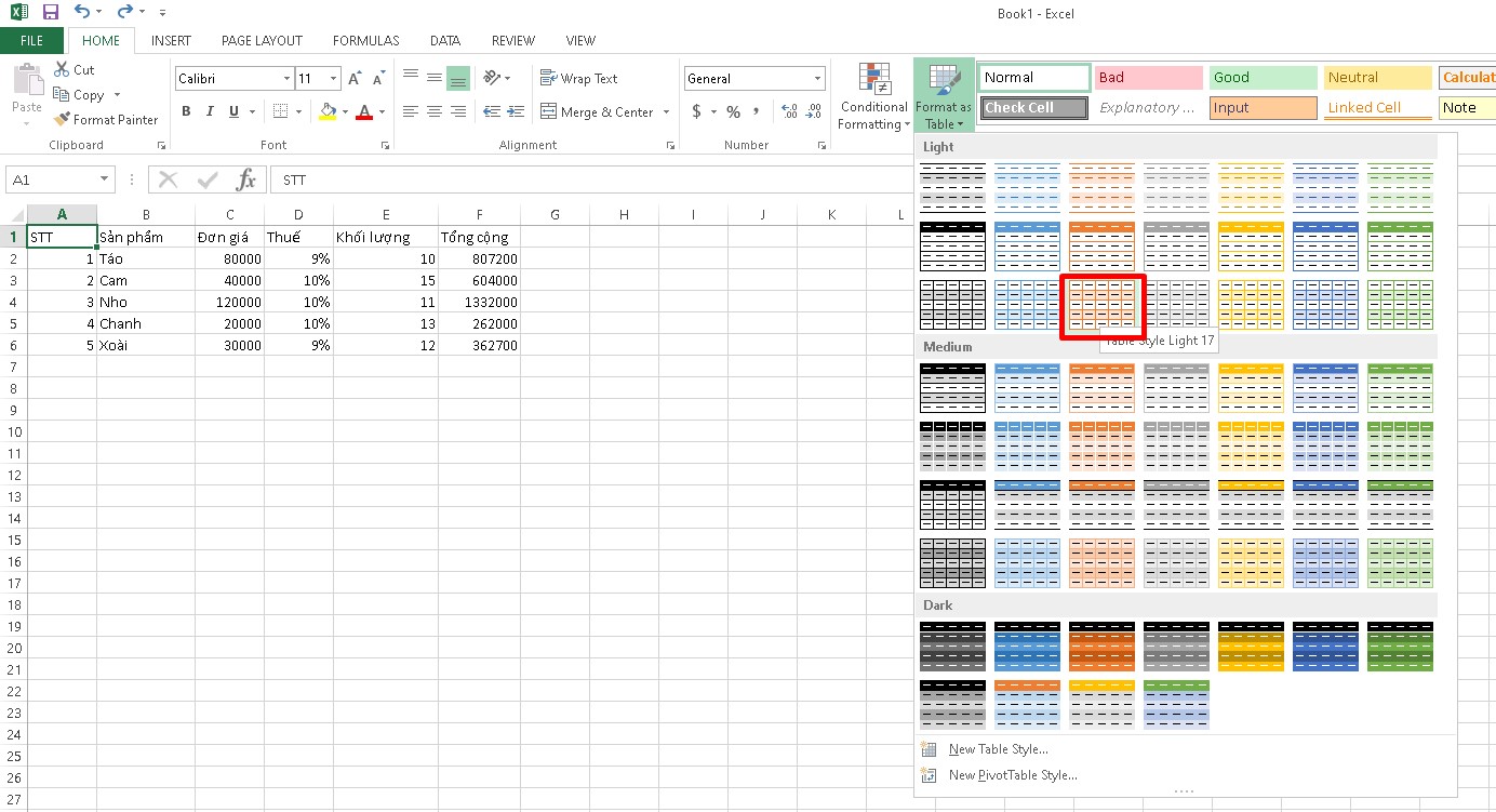 Cách tạo bảng trong Excel bằng tính năng Format as Table bước 2