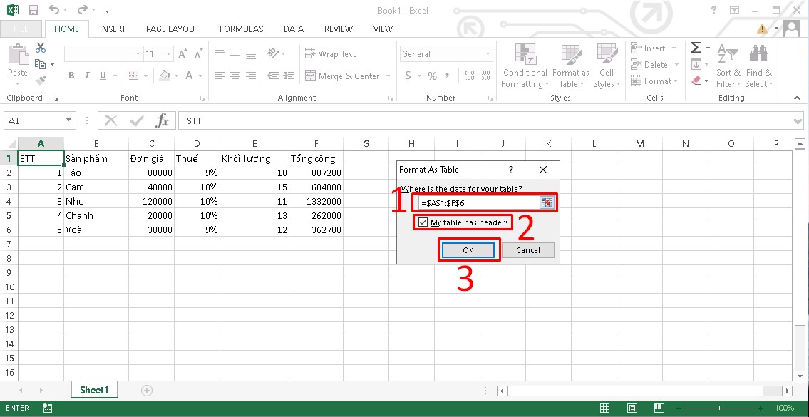 Cách tạo bảng trong Excel bằng tính năng Format as Table bước 3