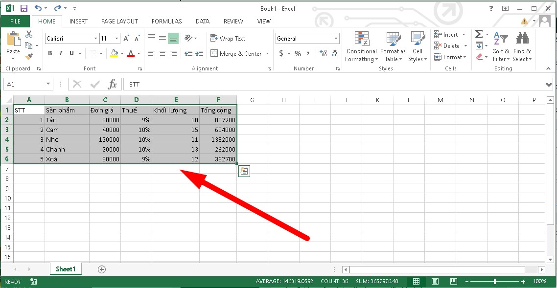 Cách kẻ bảng trong Excel bằng Border bước 1