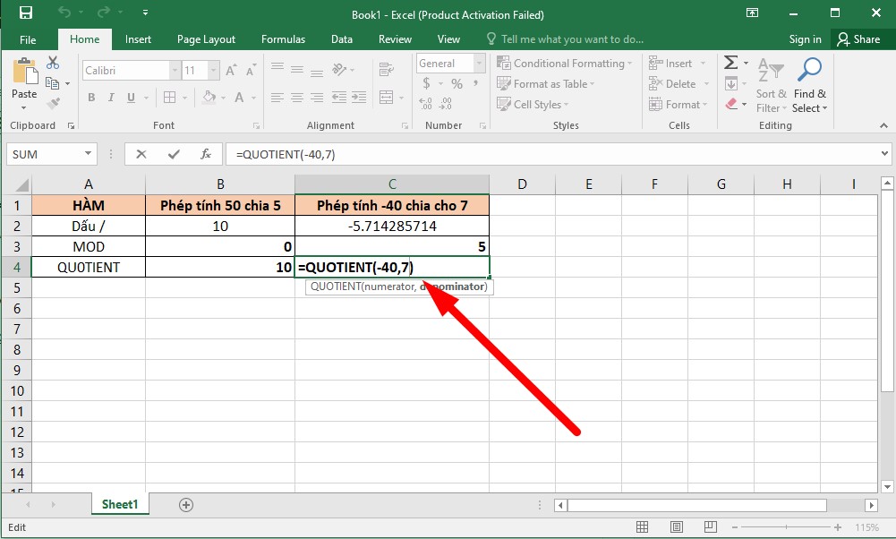 Cách hàm chia lấy phần nguyên trong Excel (hàm QUOTIENT) bước 1