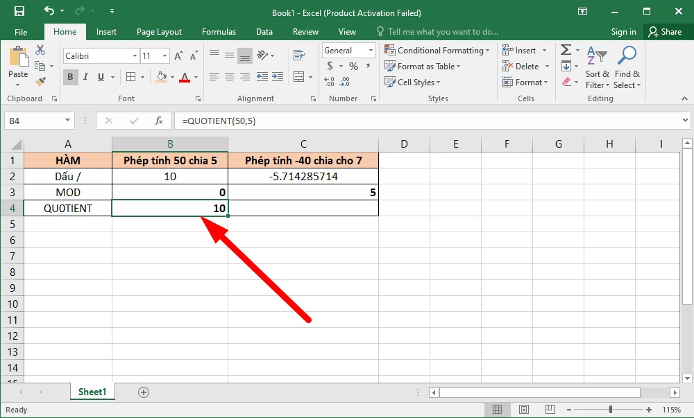 Cách hàm chia lấy phần nguyên trong Excel (hàm QUOTIENT) bước 2