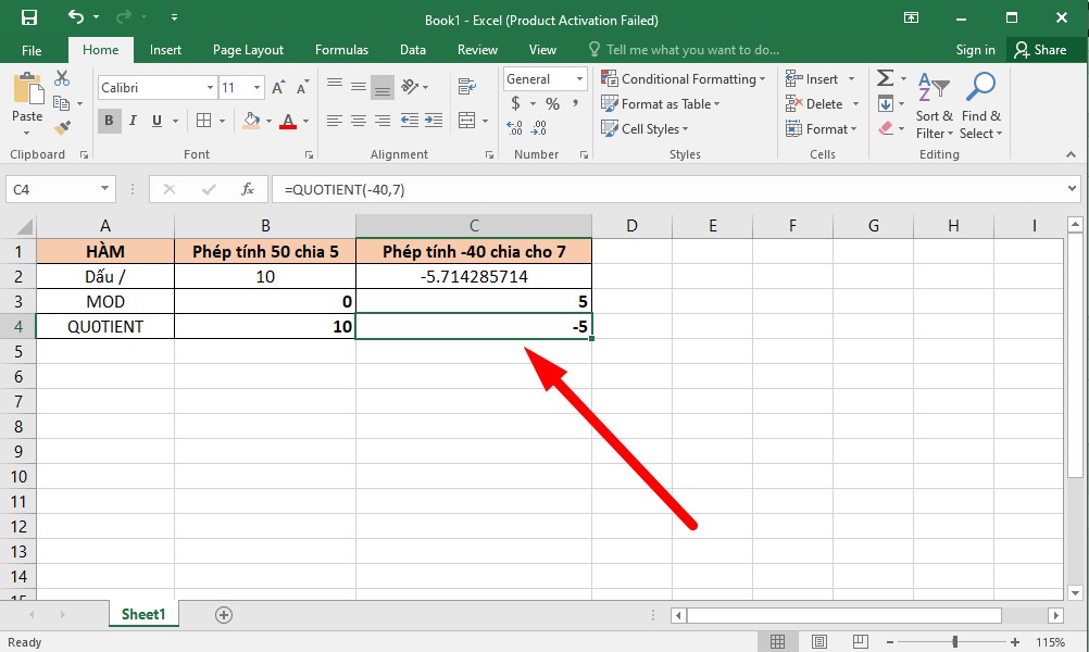 Cách hàm chia lấy phần nguyên trong Excel (hàm QUOTIENT) bước 4