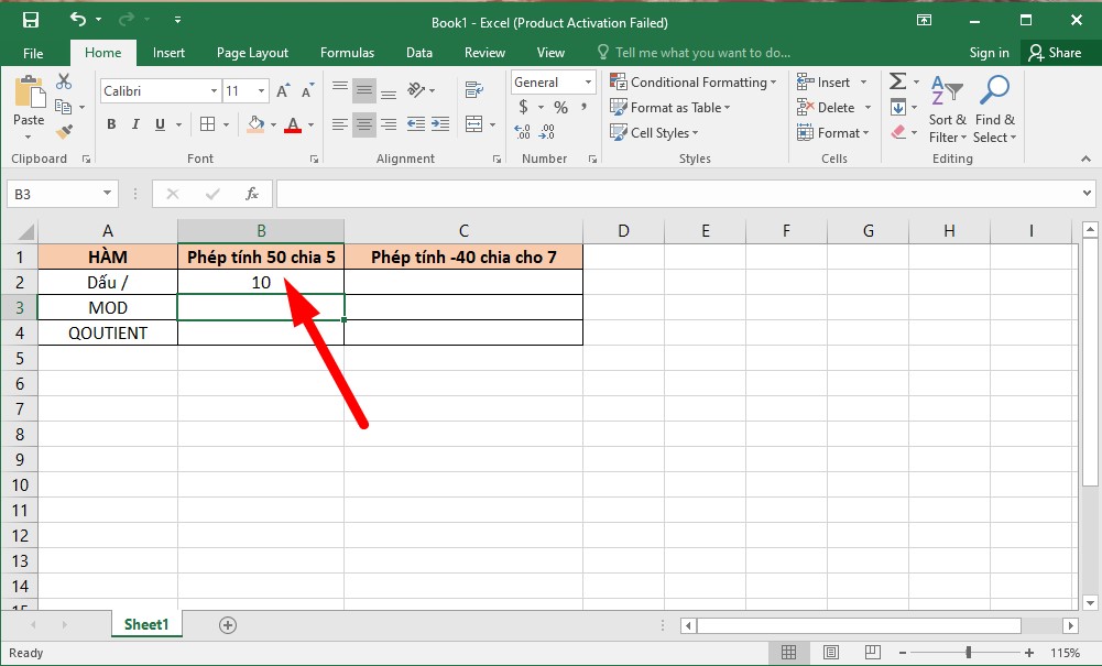 Hàm chia cơ bản trong Excel bước 2