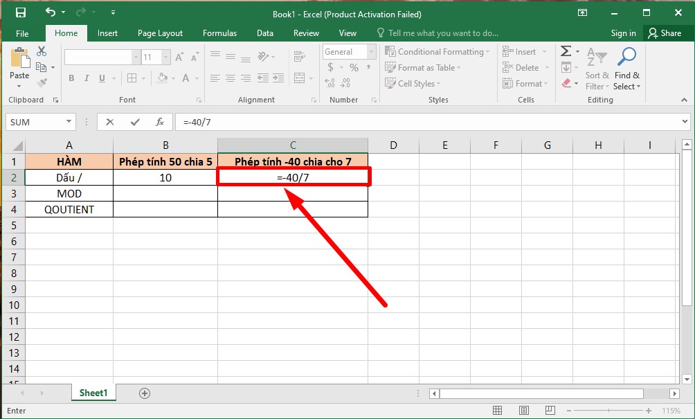 Hàm chia cơ bản trong Excel bước 3