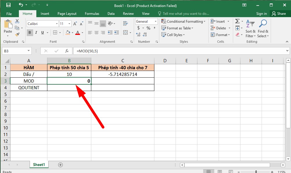Cách sử dụng hàm chia lấy dư trong Excel (hàm MOD) bước 2