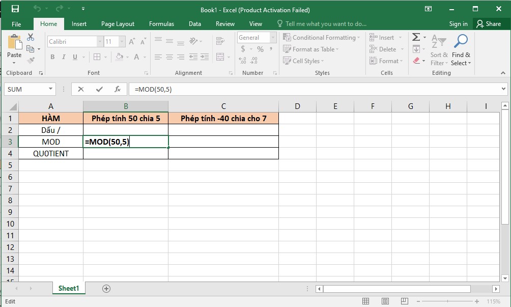 Cách sử dụng hàm chia lấy dư trong Excel (hàm MOD)