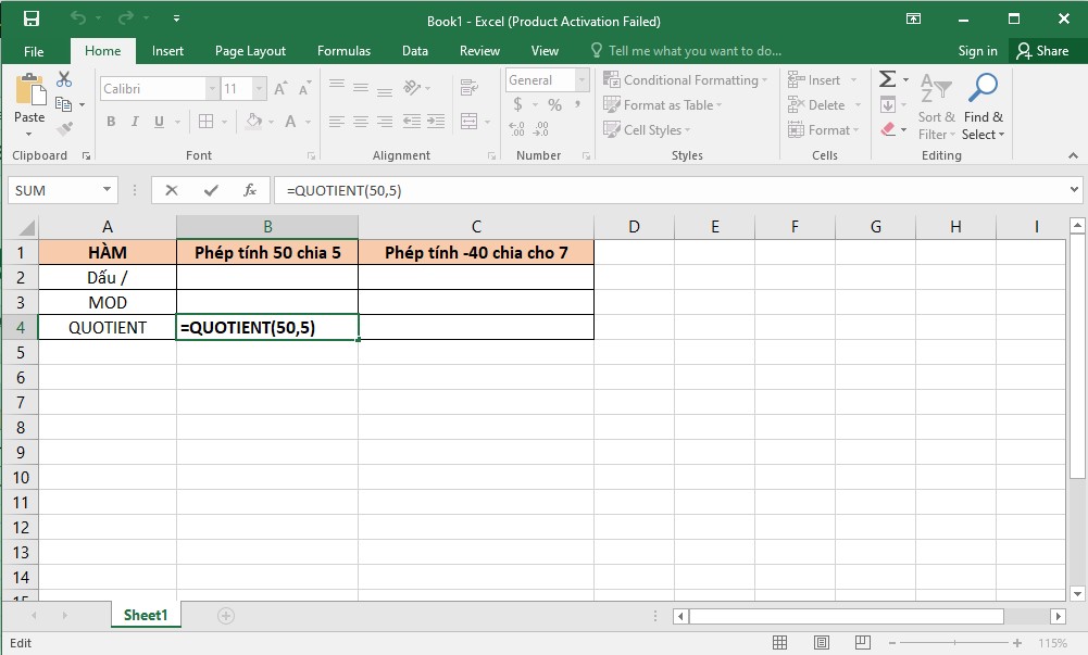 Cách hàm chia lấy phần nguyên trong Excel (hàm QUOTIENT)