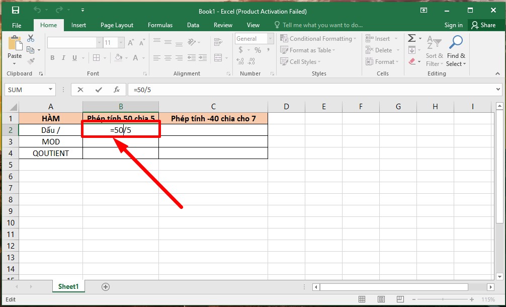 Hàm chia cơ bản trong Excel bước 1