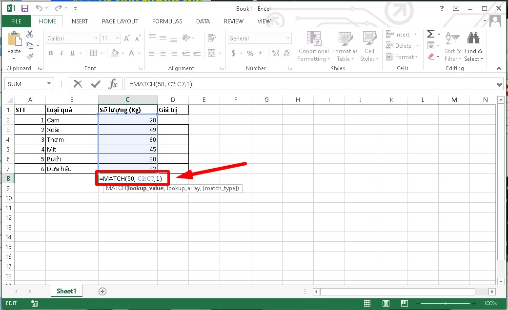 Công thức của hàm Match trong Excel