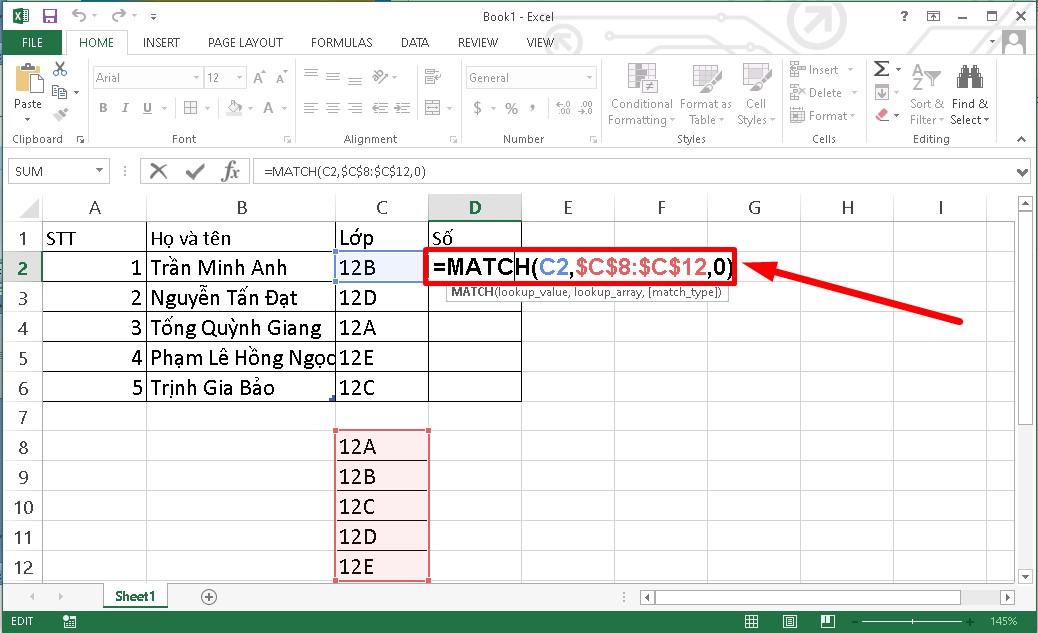 Ví dụ 2 về hàm Match trong Excel bước 2