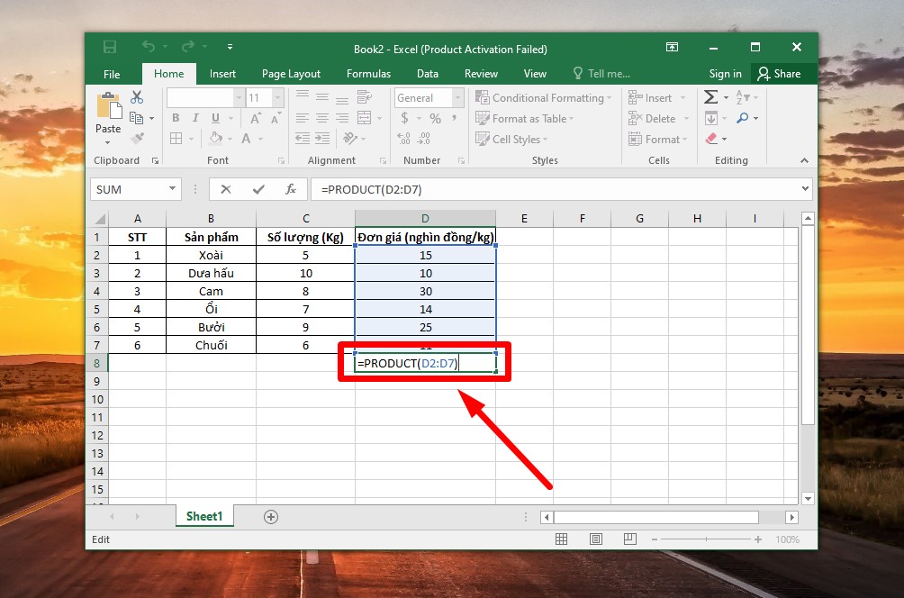 Tính từng cột bằng hàm product trong Excel bước 1