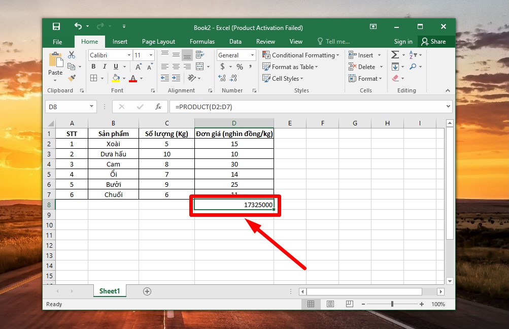 Tính từng cột bằng hàm product trong Excel bước 2