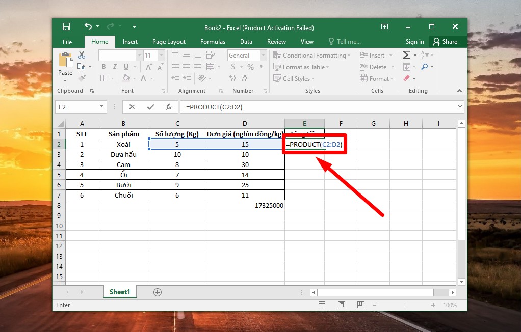 Tính hàm nhân 2 cột trong Excel bước 1