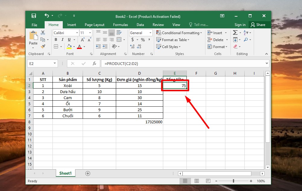 Tính hàm nhân 2 cột trong Excel bước 2