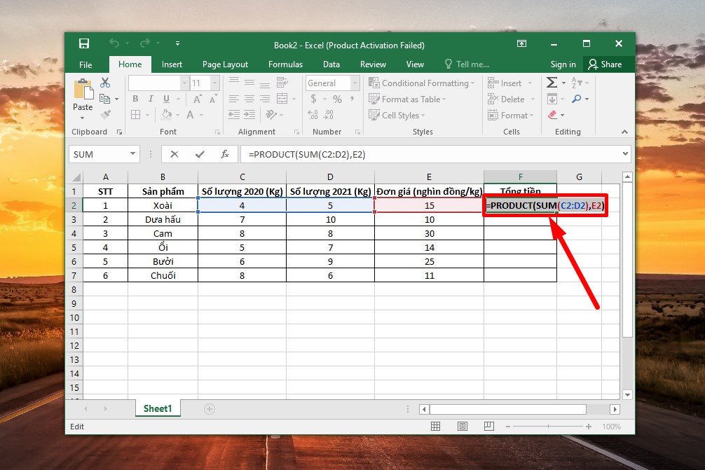Cách kết hợp lệnh nhân trong Excel với hàm SUM bước 1