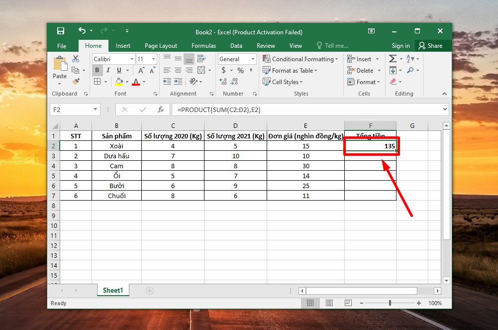 Cách kết hợp lệnh nhân trong Excel với hàm SUM bước 2